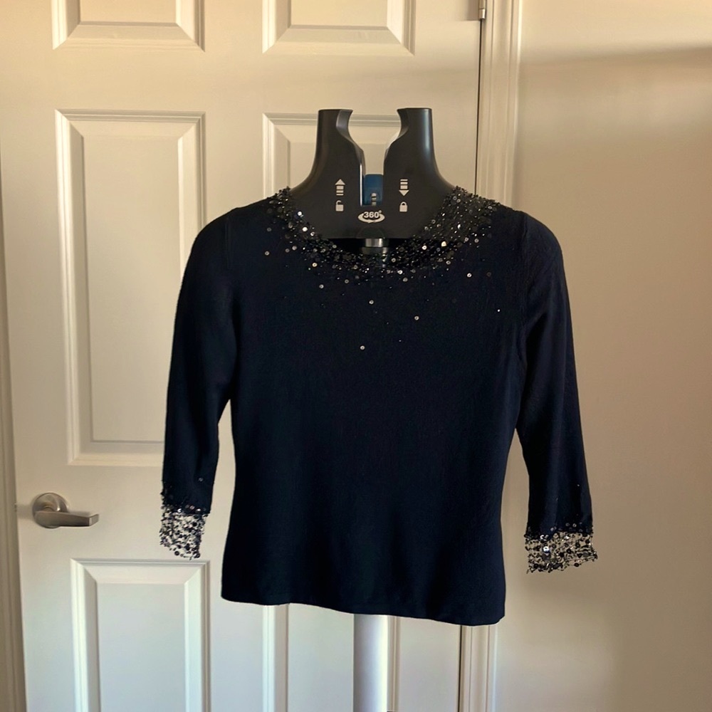 Morrell Maxie black knit sweater-blouse sequins, beads wire mesh beaded cuff S/M